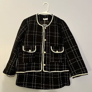 Black & White Plaid Tweed Jacket & Skirt with Cream Braided Trim & Pearl Buttons